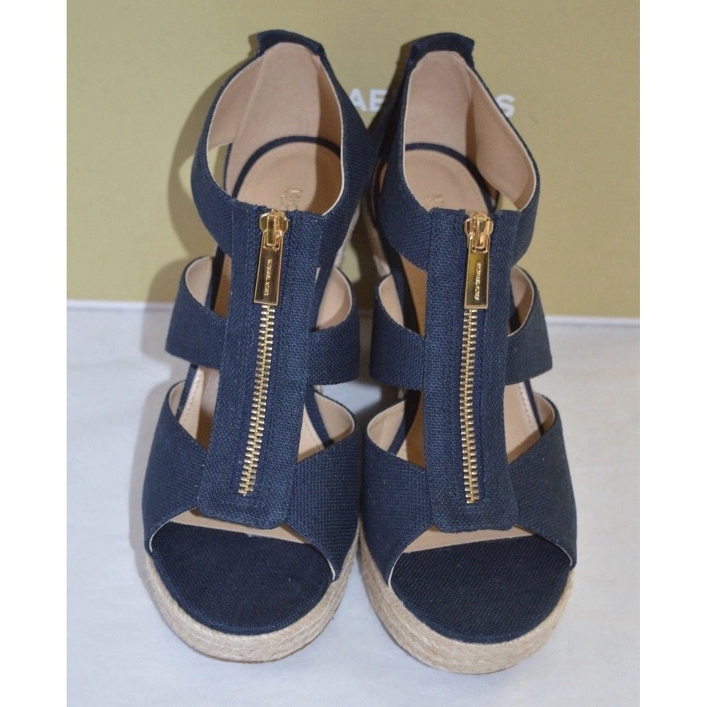 Michael Kors Berkley Navy Blue Canvas Front Zip Espadrille Wedge Sandals Size 7M - Picture 2 of 8